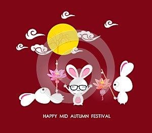 Mid autumn festival rabbit playing with lotus lanterns with chinese