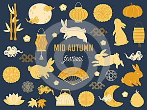 Mid autumn festival rabbits. Lotus mooncake, asian moon with clouds and gold rabbit vector Illustration set