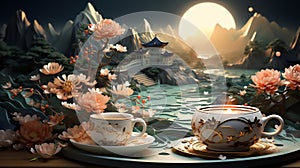 Mid Autumn Festival, Traditional Cup of tea on table with blurry paper cut of flowers elements decoration and China natural