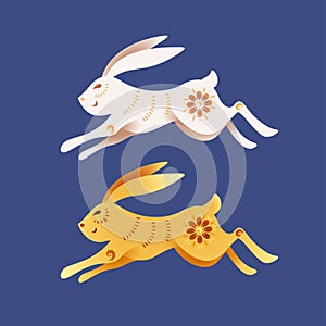 Mid Autumn Festival traditional oriental paper graphic of rabbit with floral pattern. Isolated
