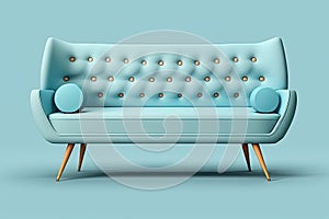 Mid century accent baby blue sofa on monochrome background. AI