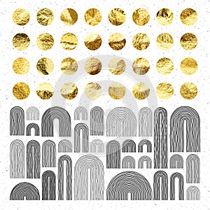 Mid century arch elements, modern geometric shapes. Gold foil, shiny handmade circles. Golden glittering texture