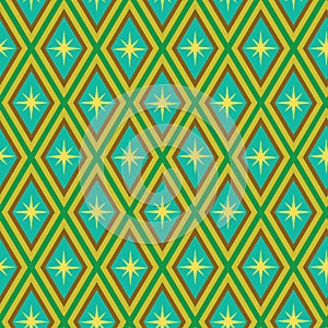 Mid century atomic starbursts on retro geometric diamonds seamless pattern in yellow , green and teal