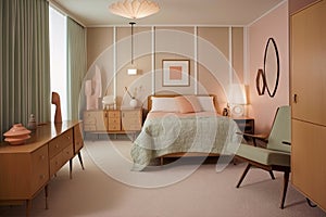 mid-century bedroom, with soft pastel colors and sleek streamlined furniture