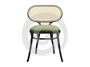 Mid-century bent beech-wood chair with woven cane backrest and fabric seat. 3d render