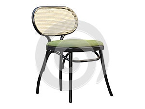 Mid-century bent beech-wood chair with woven cane backrest and fabric seat. 3d render