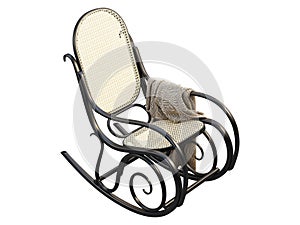 Mid-century bent beech-wood rocking chair with blanket. 3d render