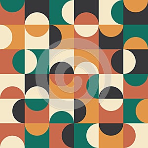 Mid century modern optical half circles seamless pattern in brunt orange, teal , red, black and white.