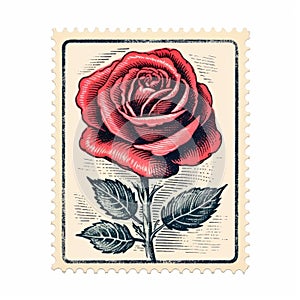 Mid-century Illustration: Postage Stamp With Red Rose