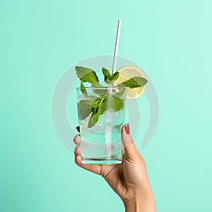 Mid-century Inspired Girl Holding Glass Of Water With Lime And Mint