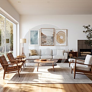 Mid-century interior design of modern living room with white sofa and wooden chairs