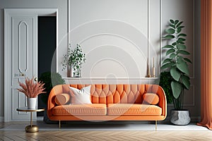 Mid Century Living Room Mockup Orange Sofa Interior, White Emty Wall - Generative AI