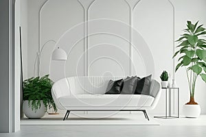 Mid Century Living Room Mockup White Sofa Interior, White Emty Wall - Generative AI