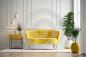 Mid Century Living Room Mockup Yellow Sofa Interior, White Emty Wall - Generative AI