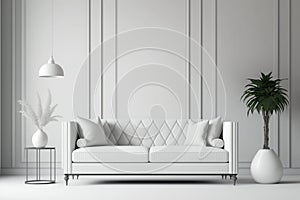 Mid Century Living Room White Sofa Interior, White Emty Wall Mockup - Generative AI