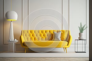 Mid Century Living Room Yellow Sofa Interior Mockup , White Emty Wall - Generative AI