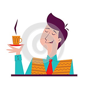 Mid-century man holding a cup of tea or coffee and cheering up. Cartoon 60s style - retro vector illustration. Cafe, coffee shop,