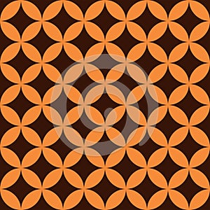 Mid century modern 60s seamless pattern in orange shapes over dark brown background.