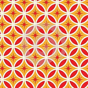 Mid century modern atomic starbursts on red circles on seamless pattern on orange background