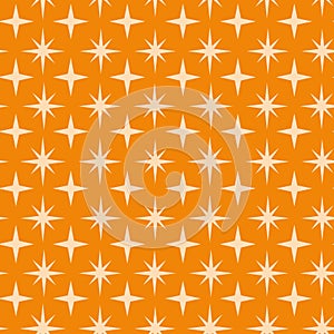 Mid century modern atomic starbursts seamless pattern on orange background.