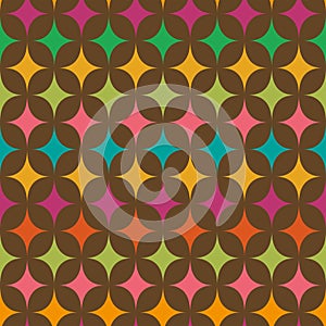 Mid century modern colorful atomic starbursts on brown background seamless pattern.