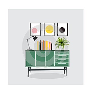 Mid century modern furniture set collection.vector illustration 1950 1960. interior design drawing.