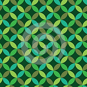 Mid century modern geometric leaves in green circles seamless pattern.