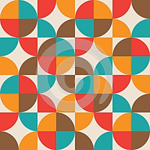 Mid century modern half circles seamless pattern in red, orange, aqua and brown