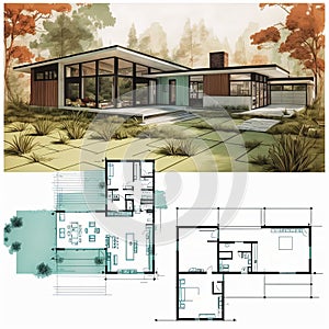 Mid century modern house plan. Residential villa exterior and blueprint. Generative AI