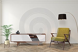 Mid century modern interior empty room with white wall, dresser, console, yellow lounge chair, armchair.