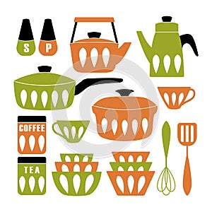 Mid Century Modern Kitchen Poster. Collection of cooking utensil.