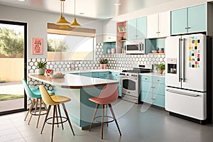 mid-century modern kitchen, with sleek and stylish design elements and a variety of colorful accents