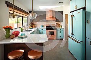 mid-century modern kitchen, with sleek and stylish design elements and a variety of colorful accents