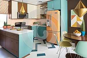 mid-century modern kitchen, with sleek and stylish design elements and a variety of colorful accents