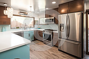 mid-century modern kitchen with stainless steel appliances, sleek tile and glass accents