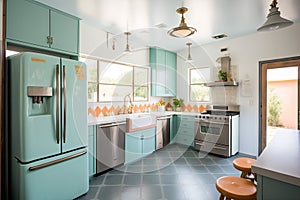 mid-century modern kitchen with vintage appliances and sleek countertops