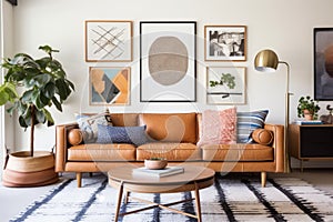 Mid Century Modern Living Room with Leather Sofa.