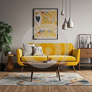 Mid-Century Modern Living Room with Mustard Yellow Sofa and Single Frame Mockup