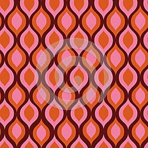 Mid Century Modern Ogee ovals seamless pattern in orange and pink over dark red background.