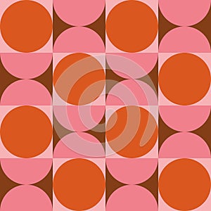 Mid Century modern orange circles and pink half circles seamless pattern.