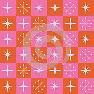 Mid century modern retro starbursts on orange and pink checkerboards seamless pattern.