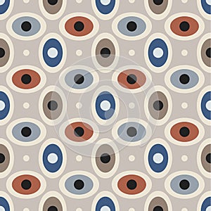 Mid-century modern seamless pattern, geometric shapes in retro colors. Abstract repeating geometry background