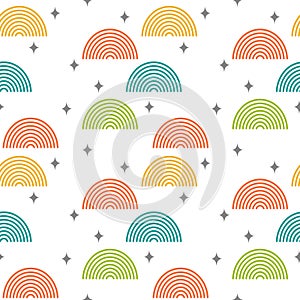 Mid century modern seamless pattern with teal, orange, yellow and green geometric shapes. Abstract vector background.