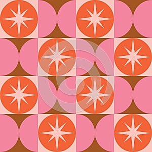 Mid century modern starbursts on orange circle with pink half circles seamless pattern