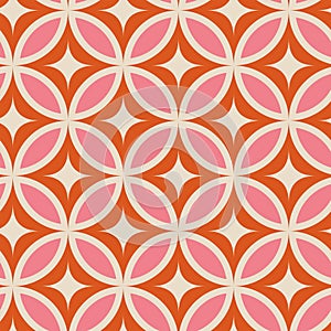 Mid century modern starbursts on pink and orange circle leaves seamless pattern.