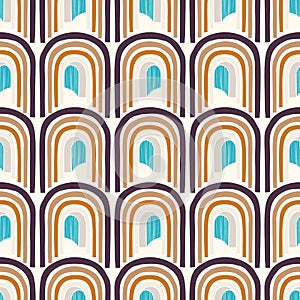 Mid Century Modern Vintage Pattern Background. Architectural Archway Trend Shape. Seamless 1970s StyleR etro Fabric Geometric