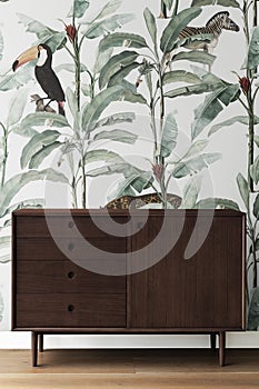 Mid century modern wood cabinet by a leafy wall