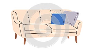 Mid-century retro couch design. Trendy sofa with cushions for living room interior. Cozy soft lounge furniture on wood