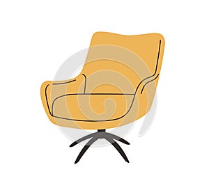 Mid-century retro rotating armchair design with soft seat, back and armrest. Upholstered arm chair with wood leg. Trendy