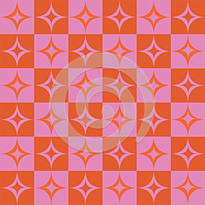 Mid Century Retro starbursts on pink and orange checkered squares seamless pattern